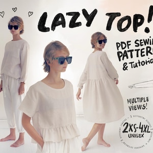 レイジートップPDF縫製パターン：初心者向けボックス型、ユニセックストップ＆ドレス