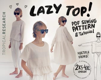 Lazy Top PDF Sewing Pattern: Boxy, Unisex Top & Dress for