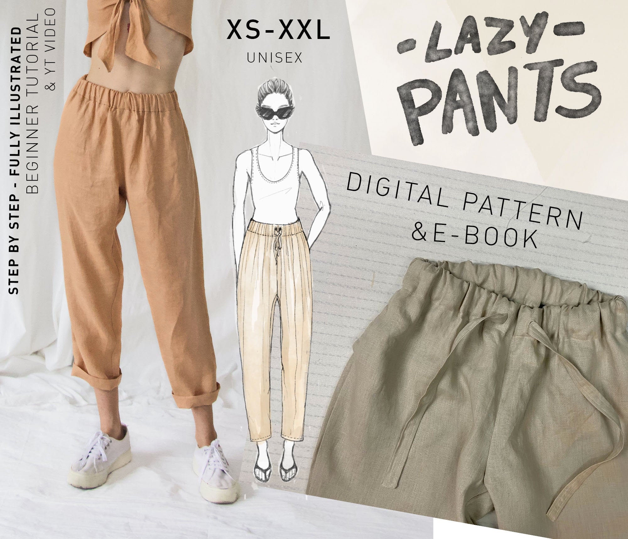 LAZY PANTS Drawstring Waist Jogger Digital Indie Sewing Pattern Pdf  Download With Illustrated Tutorial 