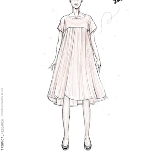 Puede incluir: Boceto de un vestido de mu&ntilde;eca en color rosa claro. El vestido es sin mangas y tiene una silueta suelta y fluida. La ilustraci&oacute;n incluye el texto "SLEEVELESS" y "BABY DOLL DRESS".