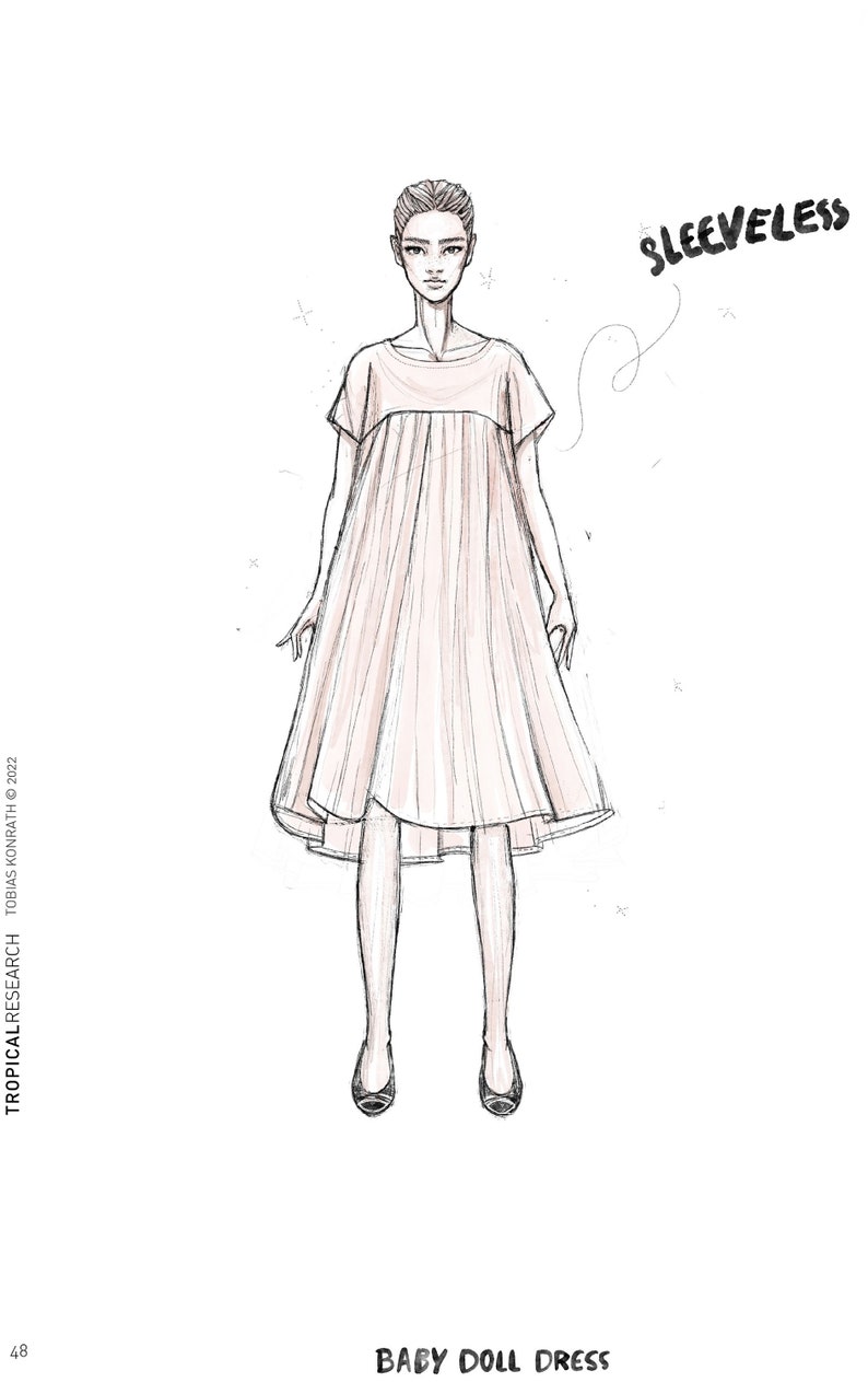 Puede incluir: Boceto de un vestido de mu&ntilde;eca en color rosa claro. El vestido es sin mangas y tiene una silueta suelta y fluida. La ilustraci&oacute;n incluye el texto "SLEEVELESS" y "BABY DOLL DRESS".