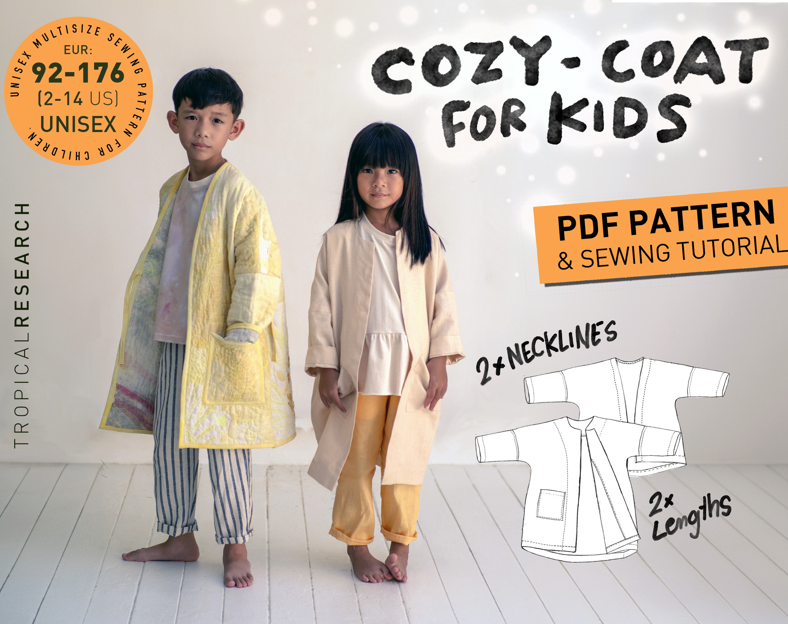 Cozy Coat for Kids - PDF indie sewing pattern & tutorial - unisex eu 92-176 (us 2-16) with layers