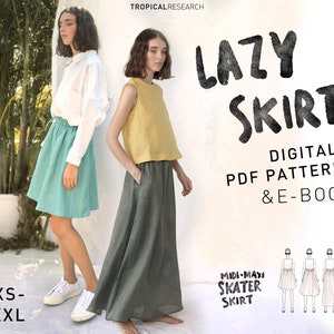 Lazy Skirt Sewing Pattern Midi Maxi Skater Drawstring Skirt illustrated Beginner Tutorial image 1