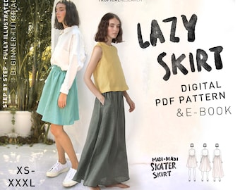 Lazy Skirt Sewing Pattern | Midi | Maxi | Skater Drawstring Skirt  | illustrated Beginner Tutorial