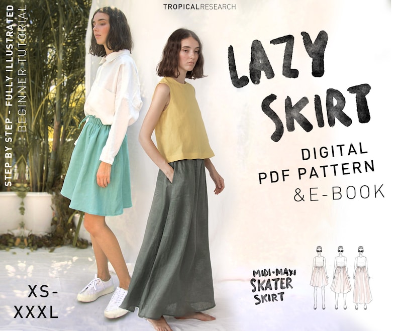 Lazy Skirt Sewing Pattern Midi Maxi Skater Drawstring Skirt illustrated Beginner Tutorial image 1