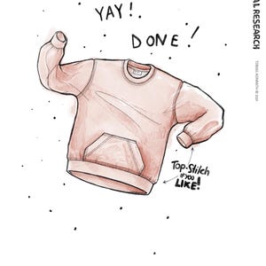 May include: An illustration of a light red sweatshirt with a front pocket, the text "YAY! DONE!" and "Top-Stilch IF YOU LIKE!" is written on the image. The words "TROPICAL RESEARCH" and "The SWEAT-SHIRT" are also visible.