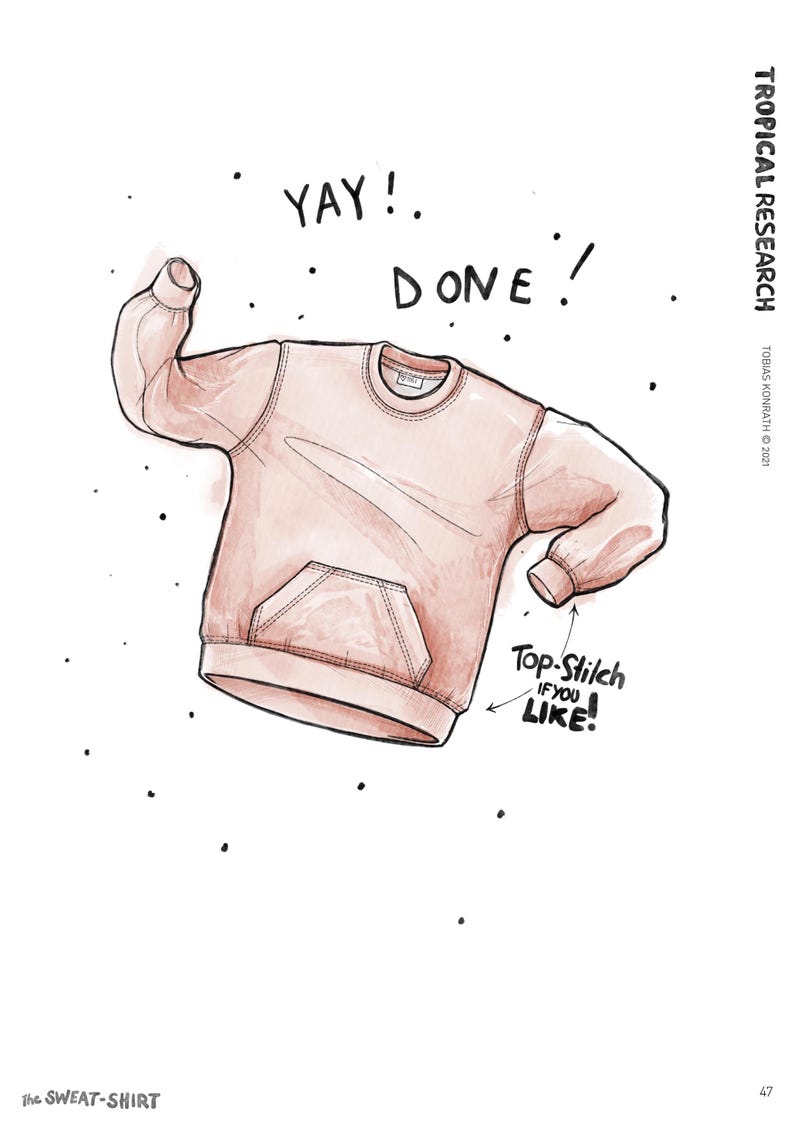 May include: An illustration of a light red sweatshirt with a front pocket, the text "YAY! DONE!" and "Top-Stilch IF YOU LIKE!" is written on the image. The words "TROPICAL RESEARCH" and "The SWEAT-SHIRT" are also visible.