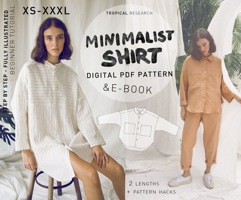 K&ouml;nnte beinhalten: Ein digitales PDF-Muster und ein E-Book zum N&auml;hen eines minimalistischen Hemdes. Das Bild zeigt ein wei&szlig;-schwarz gestreiftes Hemd, ein braunes Leinenhemd und eine Strichzeichnung des Hemdmusters. Der Text auf dem Bild lautet "XS-XXXL", "TROPICAL RESEARCH", "MINIMALIST SHIRT", "DIGITAL PDF PATTERN & E-BOOK", "2 LENGTHS + PATTERN HACKS".