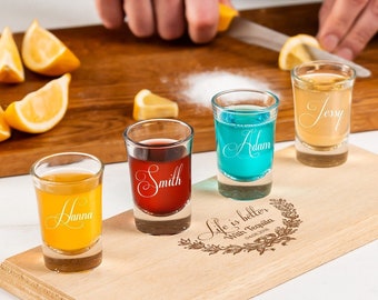 Custom Tequila Flight Board, 4 Engraved Shot Glasses, Personalized Name Serving Tray Set for Bachelor Party, Wedding, Dad Gifts, Groomsmen.