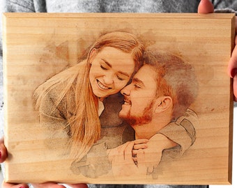 Custom Photo on Wood, Engraved Photo on Wood with Watercolor Style, Custom Wall Art, Personalized Portrait from Photo as Long Distance Gift.