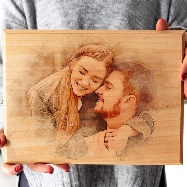 Foto personalizzata su legno, foto incisa su legno in stile acquerello, decorazione da parete personalizzata, ritratto personalizzato da foto come regalo a lunga distanza.