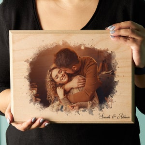 Custom Photo on Wood, Engraved Photo on Wood with Watercolor Style, Custom Wall Art, Personalized Portrait from Photo as Long Distance Gift. image 2