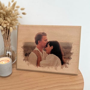 Personalized Couple Portrait Photo as Anniversary Gift. Custom Photo on Wood, Engraved Photo on Wood with Watercolor Style, Custom Wall Art. image 1