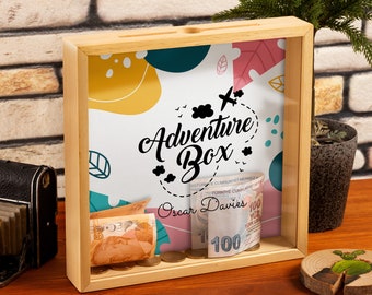 Adventure Box Custom Shadow Box as Ticket Stub Holder for a Travel Lover, Name Engraved Ticket Holder Adventure Gift, Custom Display Box