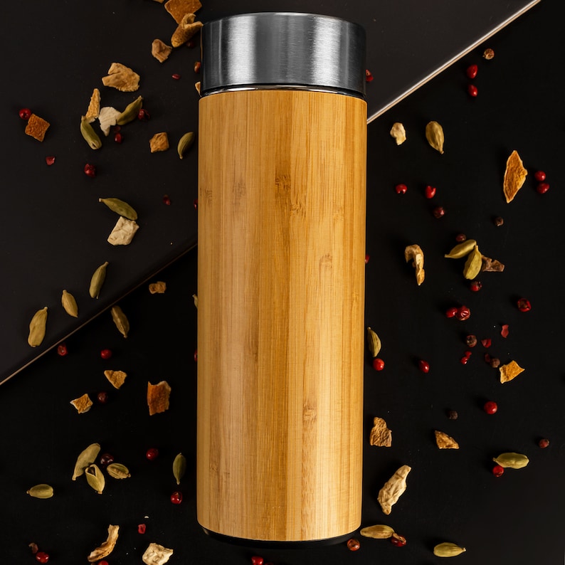 Personalized Eco Friendly Bamboo Stainless Steel Tumbler. Thermos Bottle Flask with Tea Strainer Infuser, Engraved Cup Insulated Travel Mug. image 6