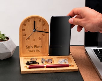 Docking Station Gifts for Dad, Desk Organizer Boyfriend Gift, Phone Stand Gift for Husband, Desk Name Plate with Clock as Thank you Gift