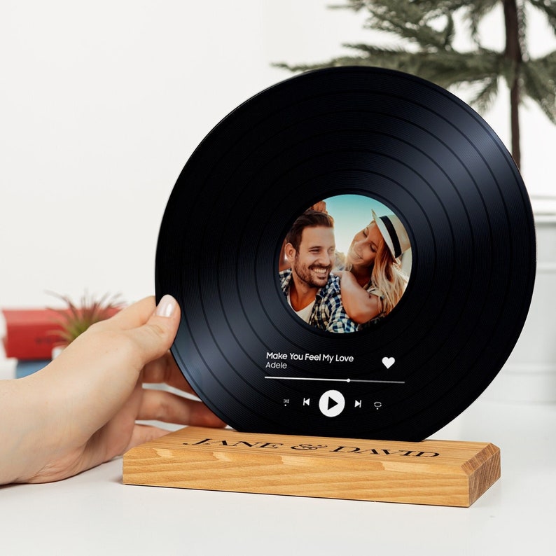 Personalized Vinyl with Wooden Stand Personalized Album Cover with Your Photo as Music Lover Gift Custom Song Plaque as Anniversary Gift. 