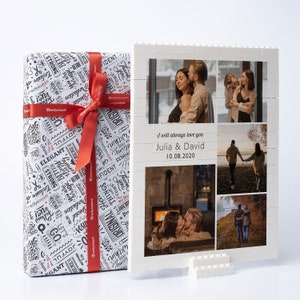Puede incluir: Un rompecabezas de fotos blanco con un collage de cuatro fotos de una pareja. El rompecabezas est&aacute; en un soporte blanco. El texto "I will always love you Julia & David 10.08.2020" est&aacute; impreso en el rompecabezas.