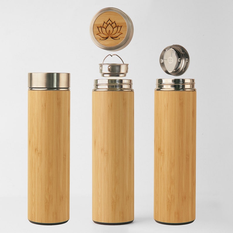 Personalized Eco Friendly Bamboo Stainless Steel Tumbler. Thermos Bottle Flask with Tea Strainer Infuser, Engraved Cup Insulated Travel Mug. image 10