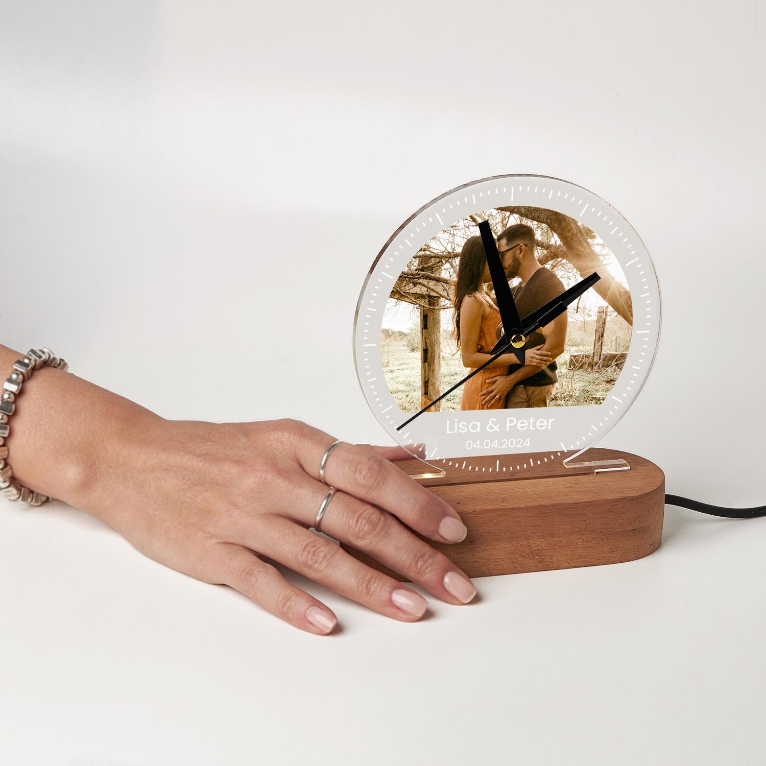 Personalized LED Desk Clock: Photo Night Light, Wood Base - Etsy