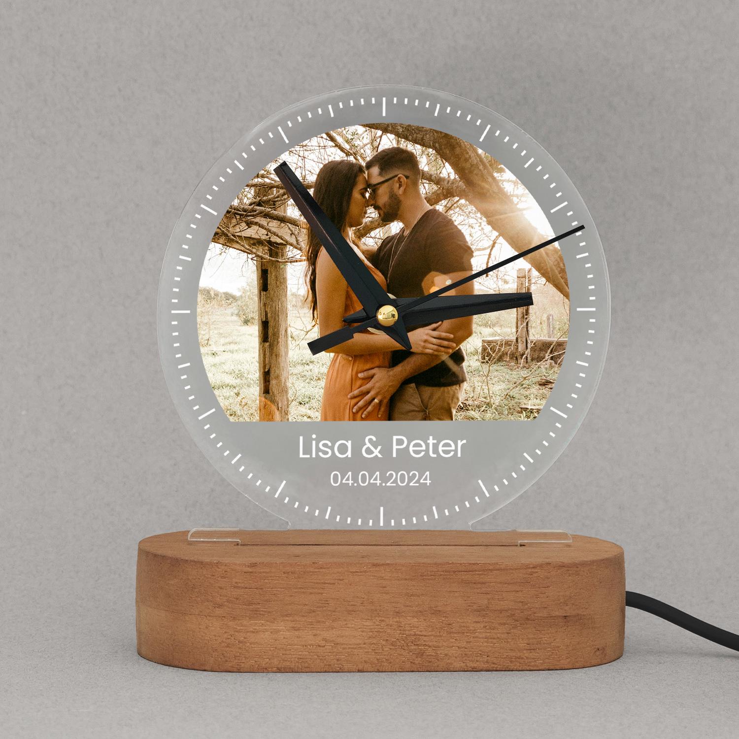 Personalized LED Desk Clock: Photo Night Light, Wood Base - Etsy