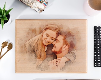Custom Photo on Wood with Watercolor Style, Custom Wall Art, Personalized Portrait from Photo as Christmas Gift for Family