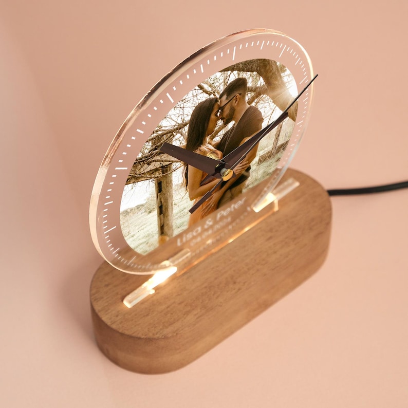 Personalized LED Desk Clock: Photo Night Light, Wood Base - Etsy
