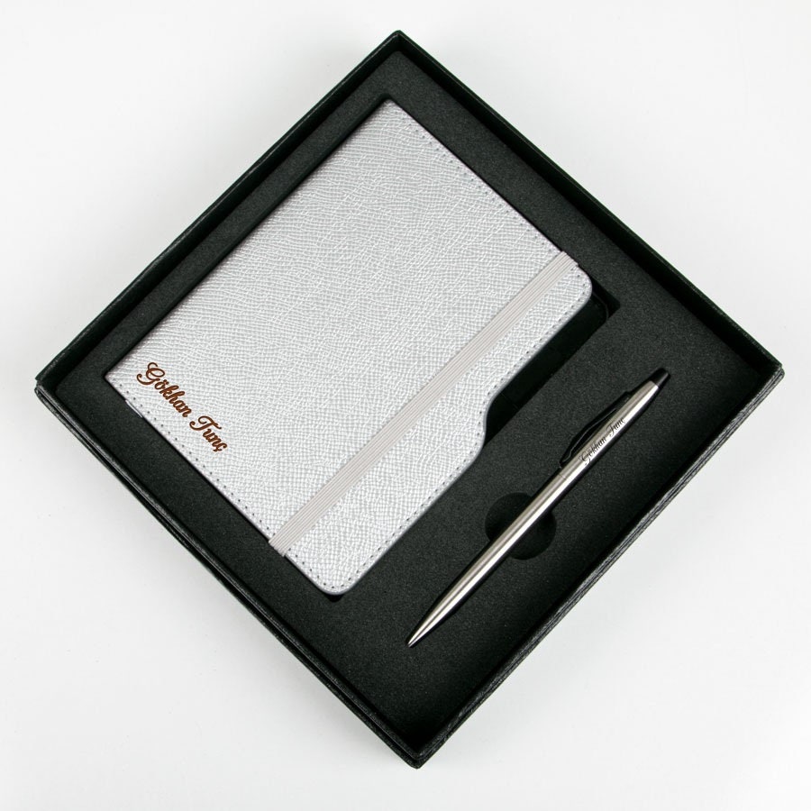 Personalized Leather Gray Notebook and Pen Set with Soft Etsy