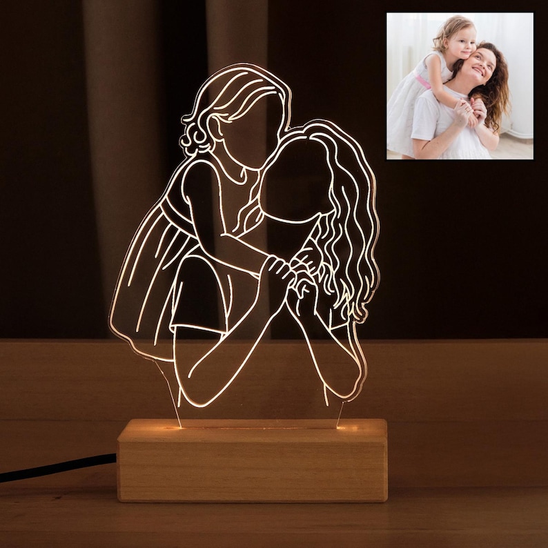 Arte lineal de retrato personalizado, lámpara LED impresa en 3D, regalo del Día de la Madre de hija e hijo, lámpara de escritorio de decoración de noche, luz de noche con foto personalizada.