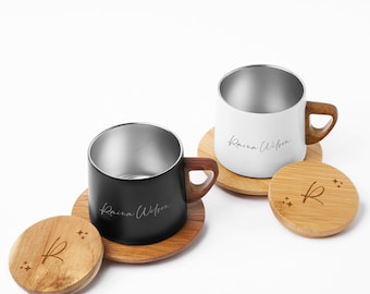 Personalized Insulated Stainless Steel Mug: Custom Wooden Lid & Coaster