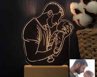 3D Photo Acrylic Night Light, Father's Day Gift, Abstract Line Art Decor, Personalized Family Portrait, Dad Birthday, Daughter & Son Gifts.