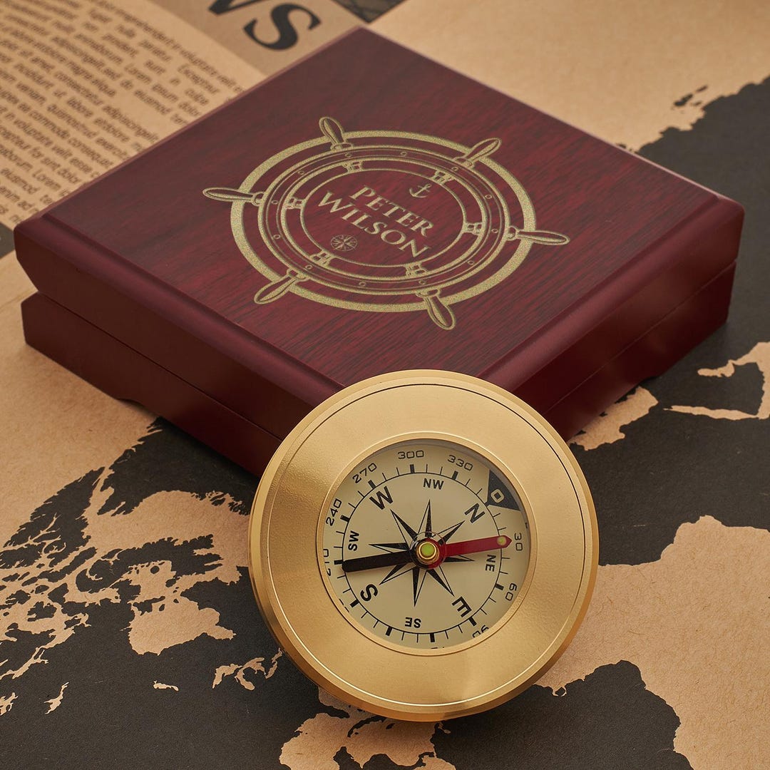 Personalized Compass With Wood Box, Engraved Name Custom Compass Rose ...
