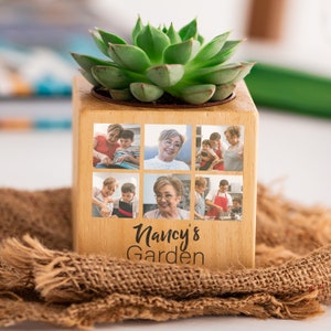 Foto-Collage mit Namen, Sukkulenten-Blumentopf aus Holz, Zimmerpflanze, einzigartiges Gartengeschenk für Oma und Großeltern, Hausgartendekoration