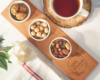 Engraved Wood Charcuterie Board: Personalized Serving Tray with Porcelain Plates