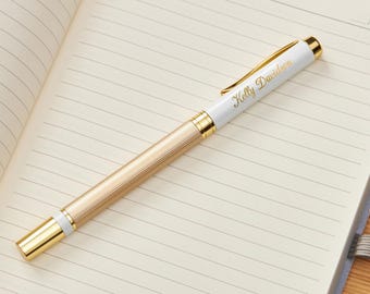 Custom Gold Rollerball Pen, Laser Engraved Name Personalized Christmas Gift, Metal Pen Blue Ink, White Black Navy Colors,Office Holiday Gift