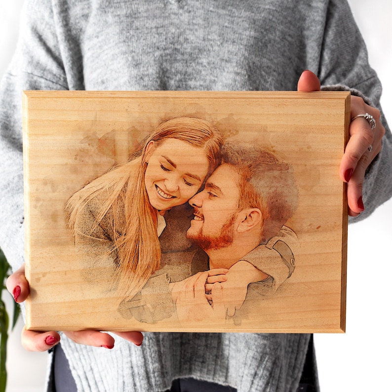 Custom Photo on Wood, Engraved Photo on Wood with Watercolor Style, Custom Wall Art, Personalized Portrait from Photo as Long Distance Gift. image 1