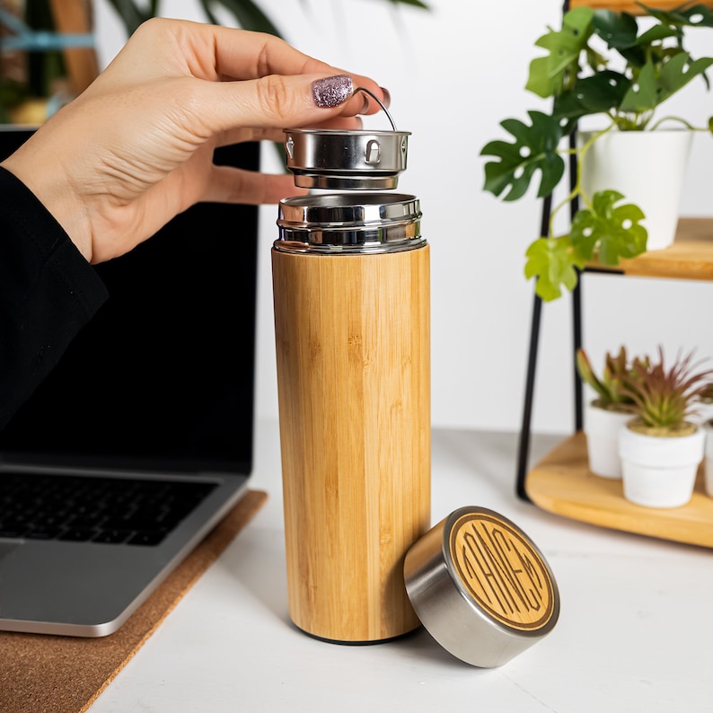 Personalized Eco Friendly Bamboo Stainless Steel Tumbler. Thermos Bottle Flask with Tea Strainer Infuser, Engraved Cup Insulated Travel Mug. Design 3