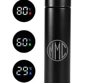 Personalized Digital Temperature Tumbler with LED Touch Screen, Custom Monogrammed Flask, Insulated Coffee Tea Bottle, Gift for Him Her Dad.