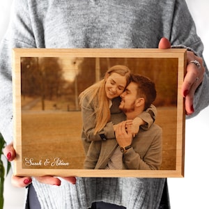 Personalized Couple Portrait Photo as Anniversary Gift. Custom Photo on Wood, Engraved Photo on Wood with Watercolor Style, Custom Wall Art. image 9