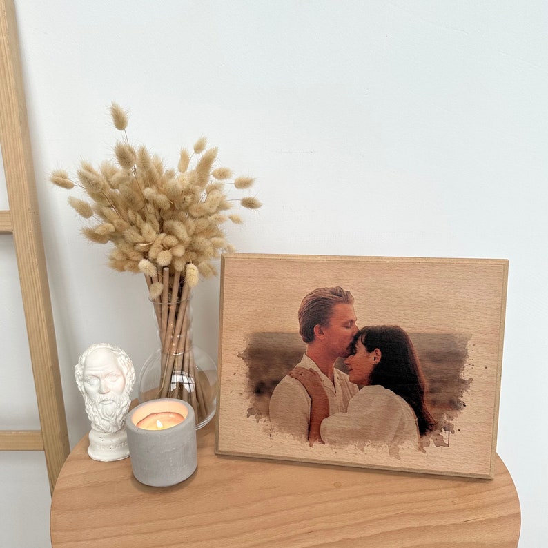 Personalized Couple Portrait Photo as Anniversary Gift. Custom Photo on Wood, Engraved Photo on Wood with Watercolor Style, Custom Wall Art. image 1