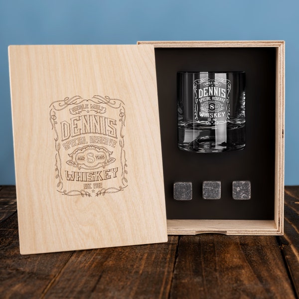 Ensemble de verres à whisky personnalisés avec pierres à whisky et boîte en bois. Cadeau de Saint-Valentin pour lui. Ensemble de whisky personnalisé en cadeau pour les amateurs de whisky