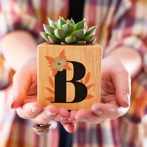 Monogrammierter Blumentopf mit lebender Sukkulentenpflanze, kundenspezifische Indoor-Blumentöpfe, Gartengeschenk für Oma-Mama, Outdoor- und Gartendekorholz