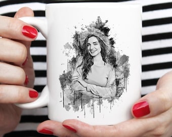 Custom Charcoal Sketch Photo Mug, Personalized Christmas Gift for Him, Printed on White Porcelain, Double-Sided Design, Holiday Coffee Cup