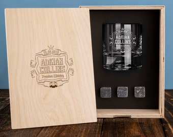 Personalized Whisky Glass Set with Whiskey Stones and Wood Box. Valentines Day Gift for Him. Custom Whiskey Glasses Gift for Whiskey Lovers