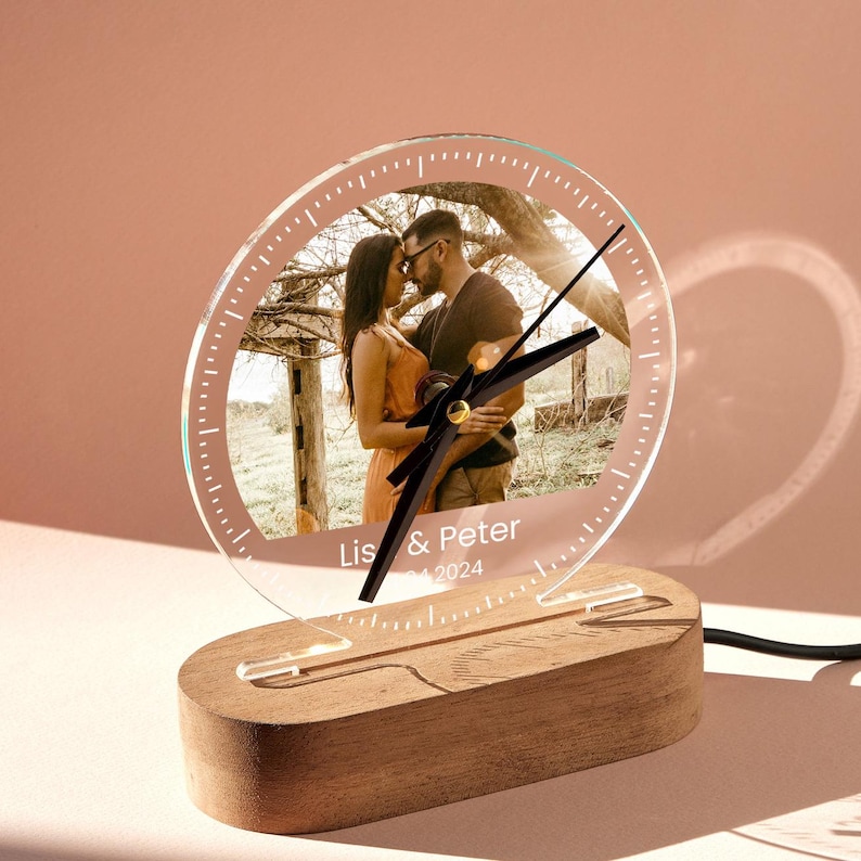 Personalized LED Desk Clock: Photo Night Light, Wood Base - Etsy