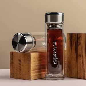 Signature Custom Glass Tumbler with Infuser, Personalized Thermos Tea Bottle, Stainless Steel Flask, Name Engraved Travel Coffee Mug Gifts.