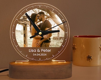 Personalized LED Desk Clock: Photo Night Light, Wood Base