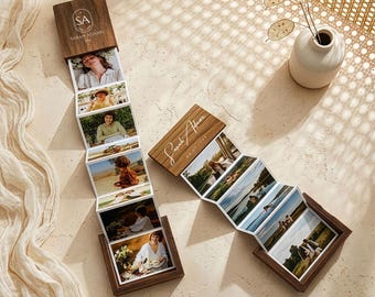 Wood Accordion Photo Box, Personalized Name, Monogram or Photo Lid, 14 Photos