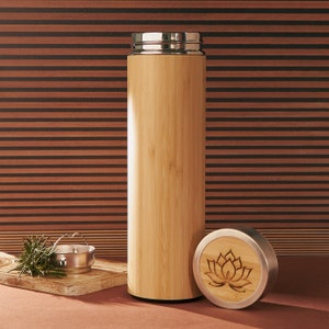 Personalized Eco Friendly Bamboo Stainless Steel Tumbler. Thermos Bottle Flask with Tea Strainer Infuser, Engraved Cup Insulated Travel Mug. Design 6
