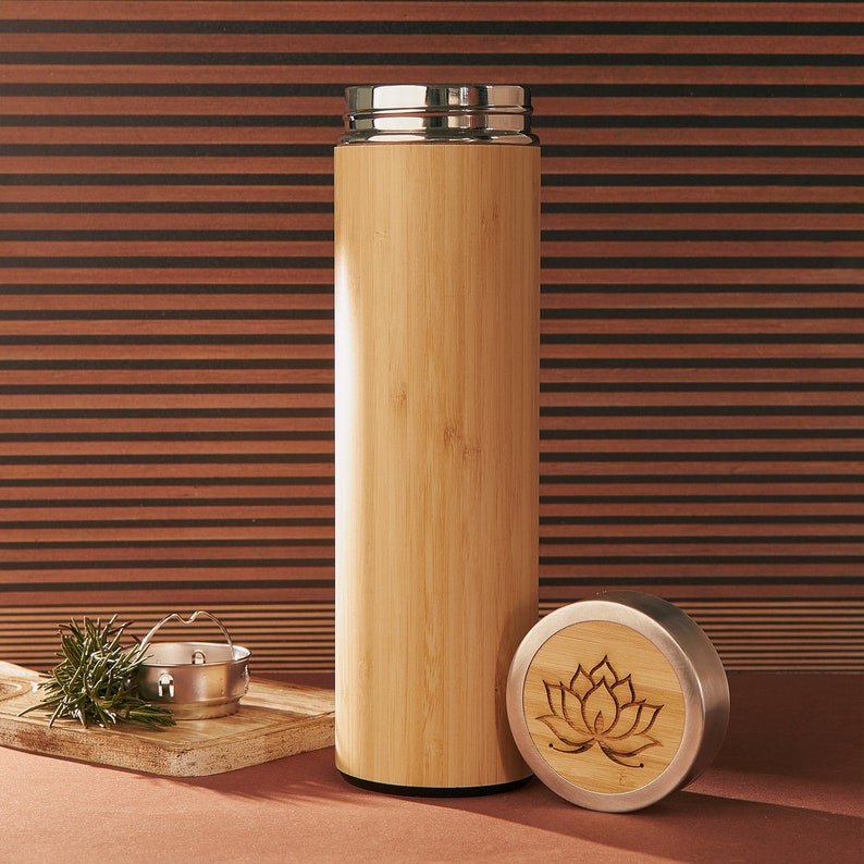 Personalized Eco Friendly Bamboo Stainless Steel Tumbler. Thermos Bottle Flask with Tea Strainer Infuser, Engraved Cup Insulated Travel Mug. Design 6